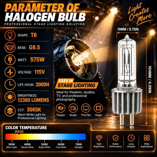 Alt view image 2 of 5 - HPL 575/115/X 54807 Halogen Bulbs 10 Pack, 575W 115V T6, G9.5 Stage Lamp