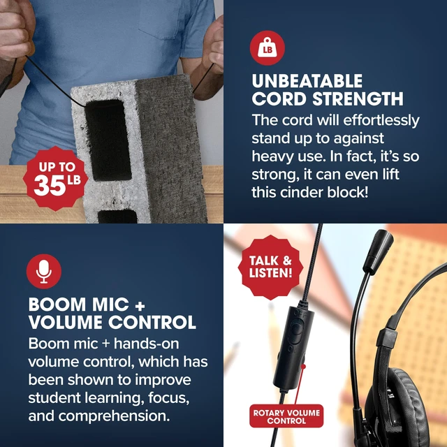 Alt view image 3 of 4 - SENTRY Bulk 8 Pack Rugged School Headphones, 3.5 mm Jack with Boom Mic Connection, Durable for Kids, Students, Teachers, Classrooms, Braided Cable, for Online Learning