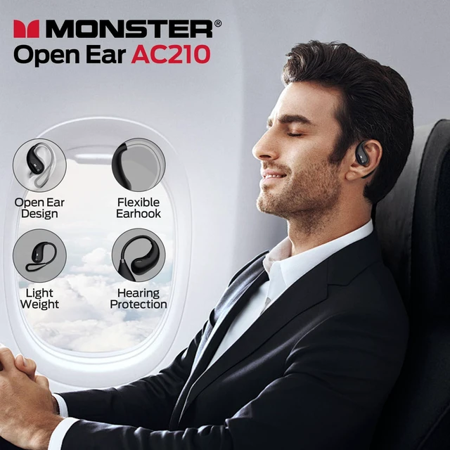 Alt view image 2 of 5 - Monster Open Ear AC210 Headphones, Bluetooth 5.4 Earphones Stereo Sound, Wireless Headphones 30 Hours Playback, Type-C Charging, IPX5 Waterproof Open Ear Earbuds,Black