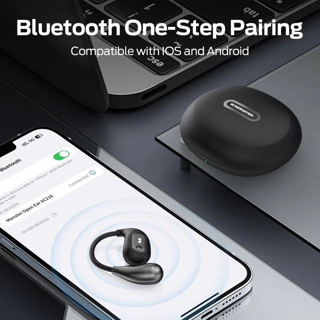 Alt view image 4 of 5 - Monster Open Ear AC210 Headphones, Bluetooth 5.4 Earphones Stereo Sound, Wireless Headphones 30 Hours Playback, Type-C Charging, IPX5 Waterproof Open Ear Earbuds,Black