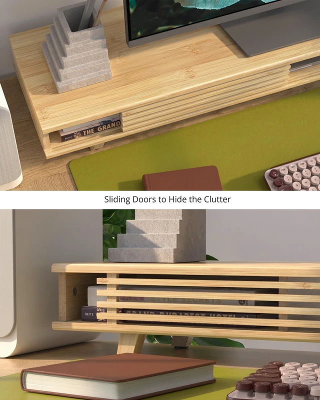 Alt view image 3 of 5 - WELL WENG Computer Monitor Stand with Sliding Door,42 Inch,Bamboo