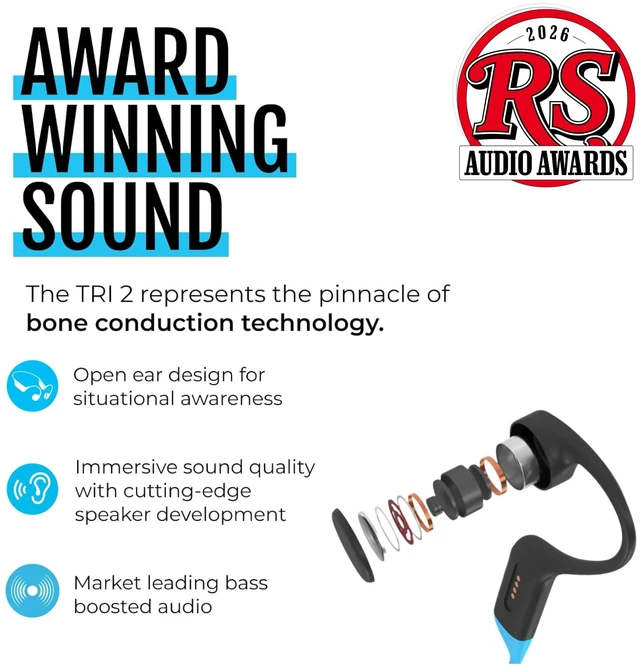 Alt view image 4 of 5 - H2O Audio TRI 2 Multisport Waterproof Bone Conduction Open Ear Headphones, Bluetooth 5.3 for Running and Cycling, MP3 Mode for Swimming, 8GB Memory, 8.5-Hour Battery, Black/Blue