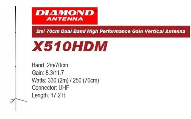 Alt view image 2 of 2 - Diamond Antenna X510HDM High-Gain Dual-Band Base Station Antenna, 2m/70cm Ham Radio, Heavy-Duty Fiberglass & No Tuning Required
