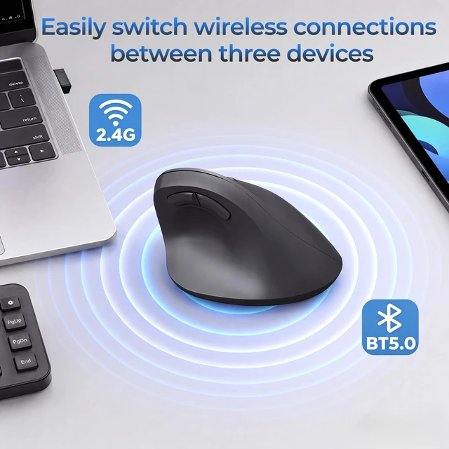 Alt view image 5 of 5 - MOKURU Wireless Ergonomic Mouse, Supporting Bluetooth/2.4G Connection, Featuring 4 Buttons, Adjustable DPI Settings of 1000/1600/2400, Compatible with Windows/macOS, Laptops, Desktop Computers