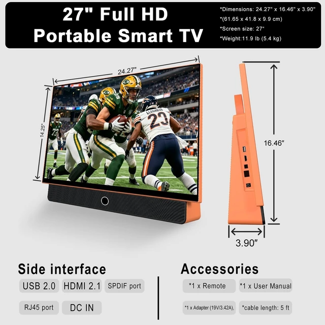 Alt view image 4 of 5 - Viyivwine 27" Portable Smart TV,Outdoor TV 1080p,Android 14 OS(Orange)