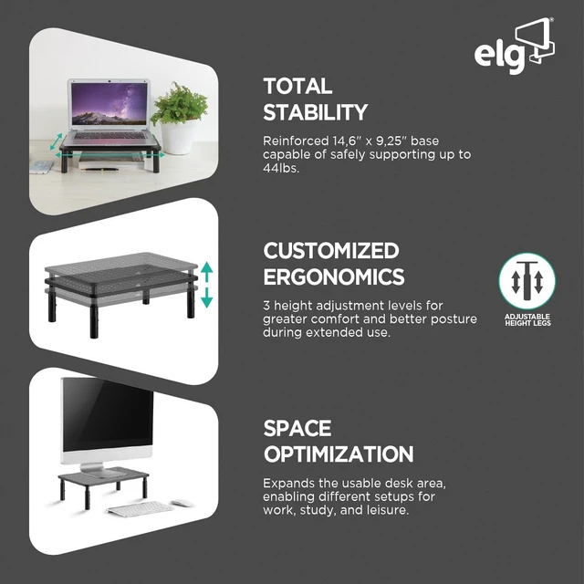 Alt view image 3 of 5 - ELG Monitor Stand Riser, Carbon Steel, 3 Height Levels 3.94"-5.51", 44.1 lbs, Fits Monitors up to 32", 14.57"x9.25" Base, Laptop Stand, Desk Organizer, No Assembly Required, Black