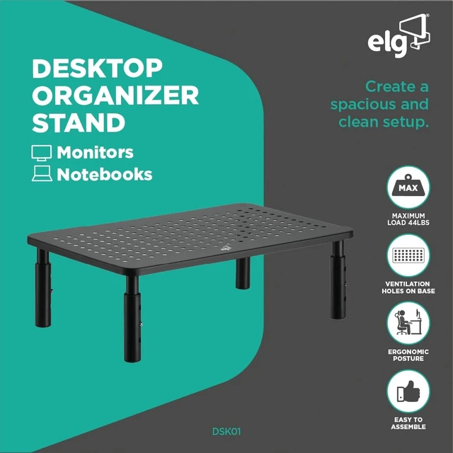 Alt view image 2 of 5 - ELG Monitor Stand Riser, Carbon Steel, 3 Height Levels 3.94"-5.51", 44.1 lbs, Fits Monitors up to 32", 14.57"x9.25" Base, Laptop Stand, Desk Organizer, No Assembly Required, Black