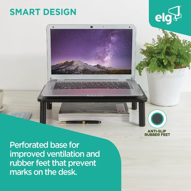 Alt view image 5 of 5 - ELG Monitor Stand Riser, Carbon Steel, 3 Height Levels 3.94"-5.51", 44.1 lbs, Fits Monitors up to 32", 14.57"x9.25" Base, Laptop Stand, Desk Organizer, No Assembly Required, Black