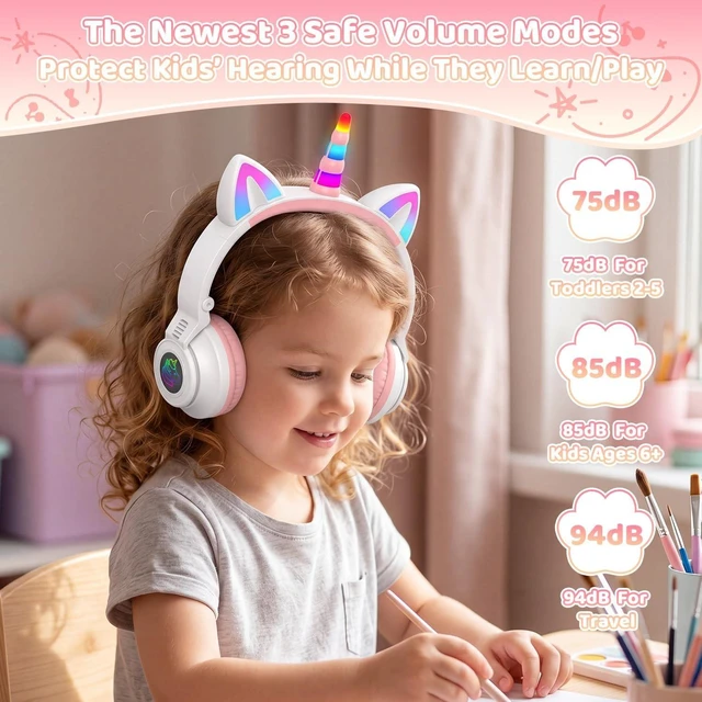 Alt view image 2 of 5 - Kids/Toddler Bluetooth Headphones for Ages 2+, 75/85/94dB Safe Volume