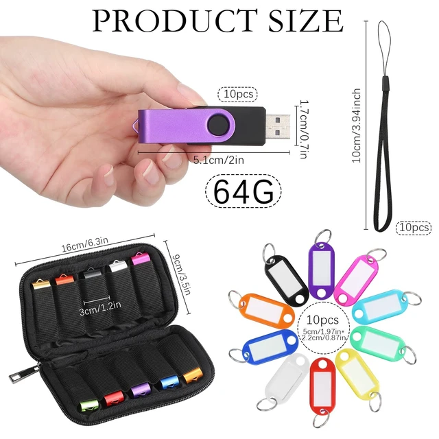 Alt view image 2 of 5 - Coume 10 Pack Flash Drives Zip Drives with Lanyards, Key Tags and Storage Case Metal USB 2.0 Thumb Drive Multi Pack Bulk Swivel Memory Colorful Portable Keychain for Data Storage(64GB)