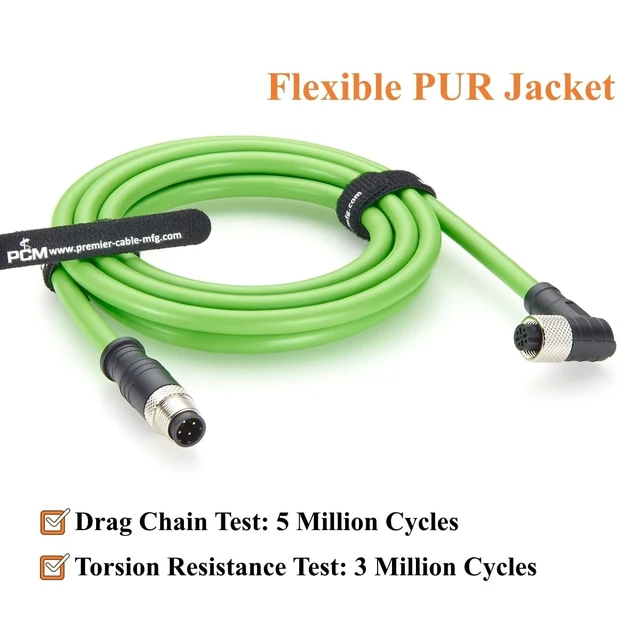 Alt view image 4 of 5 - Right Angle M12 D-Code 4 Pin Male to Female Extension Cable CAT5e SFTP Shielded IP67 Drag Chain Industrial Ethernet Cable for PROFINET, EtherCAT, PLC, Robotics, Machine Vision, Automation (2M/6.6FT)