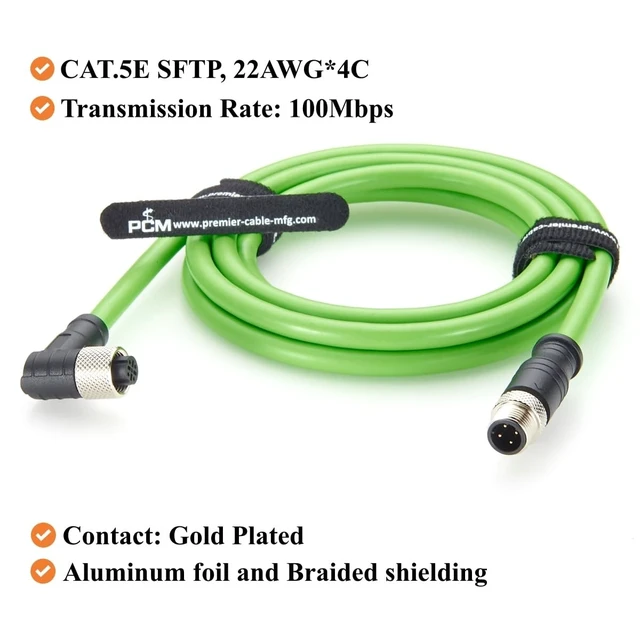 Alt view image 3 of 5 - Right Angle M12 D-Code 4 Pin Male to Female Extension Cable CAT5e SFTP Shielded IP67 Drag Chain Industrial Ethernet Cable for PROFINET, EtherCAT, PLC, Robotics, Machine Vision, Automation (2M/6.6FT)