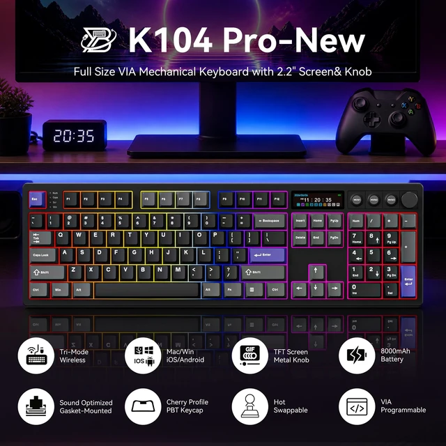Alt view image 3 of 5 - BOYI K104Pro Mechanical Keyboard with 2.2" Screen&Media Knob,QMK/VIA Custom BT5.0/2.4GHz/Type-C Gasket Mounted Hot Swap RGB Full Size Creamy Keyboard NKRO Gaming Keyboard (Black Gray)