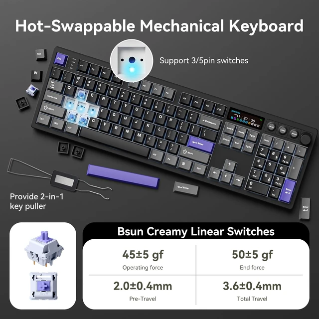 Alt view image 4 of 5 - BOYI K104Pro Mechanical Keyboard with 2.2" Screen&Media Knob,QMK/VIA Custom BT5.0/2.4GHz/Type-C Gasket Mounted Hot Swap RGB Full Size Creamy Keyboard NKRO Gaming Keyboard (Black Gray)