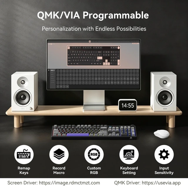 Alt view image 5 of 5 - BOYI K104Pro Mechanical Keyboard with 2.2" Screen&Media Knob,QMK/VIA Custom BT5.0/2.4GHz/Type-C Gasket Mounted Hot Swap RGB Full Size Creamy Keyboard NKRO Gaming Keyboard (Black Gray)