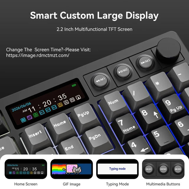 Alt view image 2 of 5 - BOYI K104Pro Mechanical Keyboard with 2.2" Screen&Media Knob,QMK/VIA Custom BT5.0/2.4GHz/Type-C Gasket Mounted Hot Swap RGB Full Size Creamy Keyboard NKRO Gaming Keyboard (Black Gray)