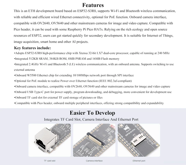 Alt view image 4 of 5 - ESP32-S3 Ethernet Development Board, 10/100Mbps RJ45 Ethernet Port, Support W-i-Fi & BLE, Ethernet Communication, 240MHz Dual Core Processor, Onboard Type-C Port and TF Card Slot, Only Board