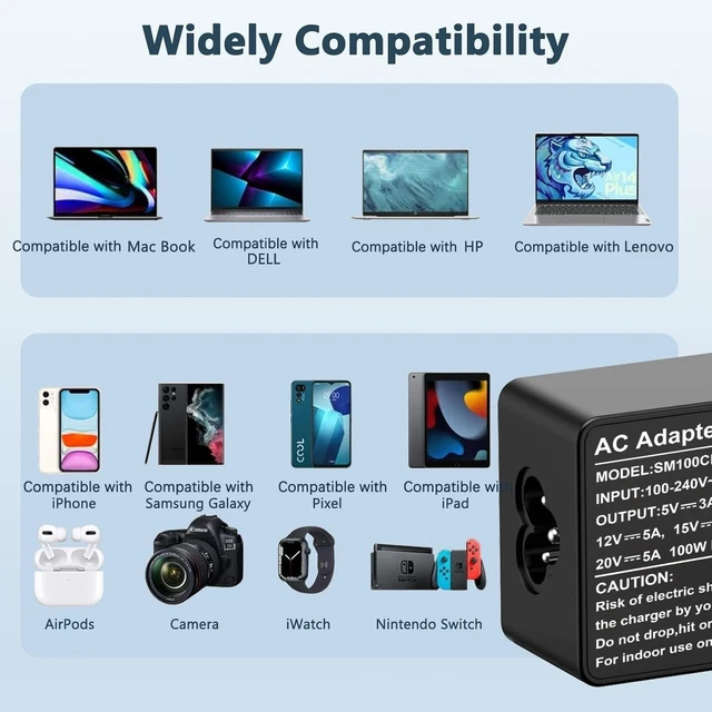 Alt view image 3 of 5 - USB C Laptop Charger, 100W AC Laptop Power Adapter Replacement for Lenovo, ThinkPad, HP, Asus, Acer, MacBook, MSI, Dell,Toshiba,Universal Chromebooks Type C Power Cord
