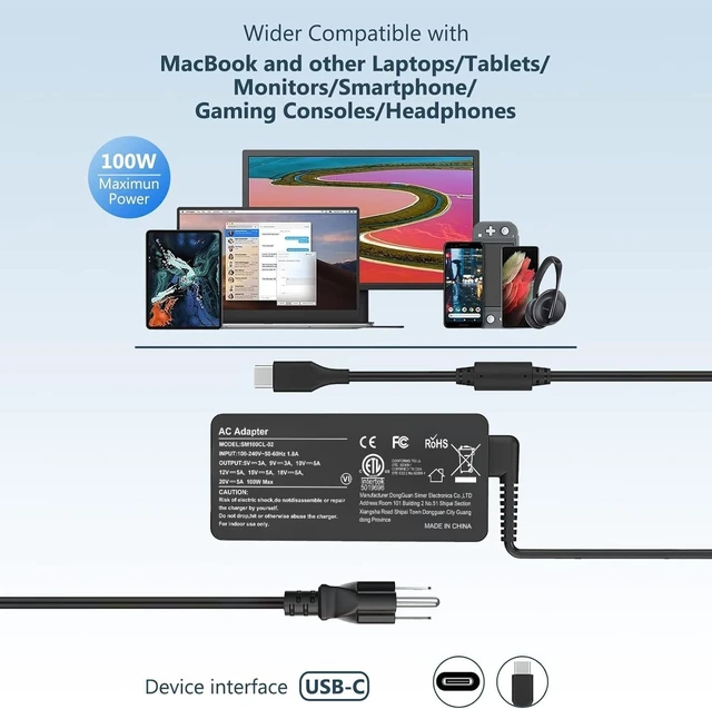 Alt view image 4 of 5 - USB C Laptop Charger, 100W AC Laptop Power Adapter Replacement for Lenovo, ThinkPad, HP, Asus, Acer, MacBook, MSI, Dell,Toshiba,Universal Chromebooks Type C Power Cord