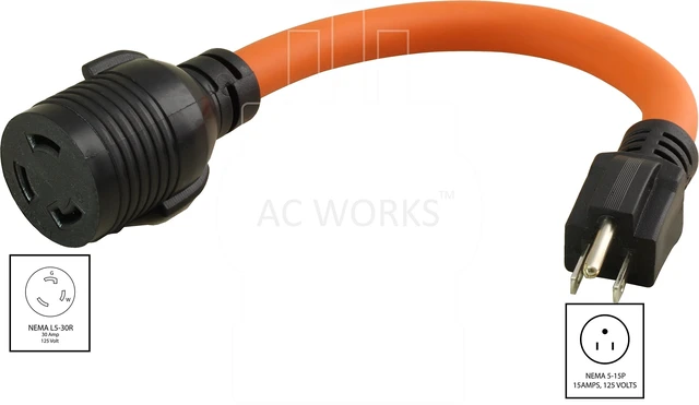 Alt view image 2 of 4 - AC WORKS Shore Power Adapters (15Amp Household to 30A Locking-Flexible)