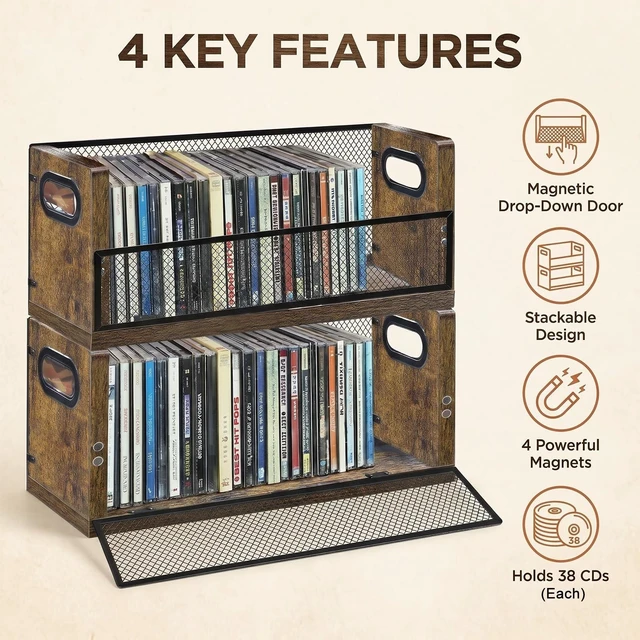Alt view image 2 of 5 - PUTNATRURE CD Storage Rack, 2 Pack Shelves Hold 76 CD Cases, Stackable CD Tower with Magnetic Opening Door for Easy Access, Desktop Music Organizer for Home and Office