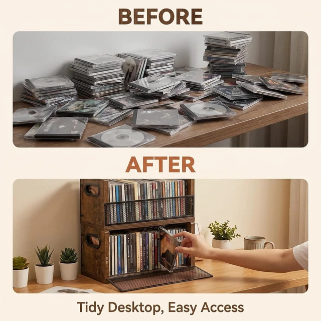 Alt view image 5 of 5 - PUTNATRURE CD Storage Rack, 2 Pack Shelves Hold 76 CD Cases, Stackable CD Tower with Magnetic Opening Door for Easy Access, Desktop Music Organizer for Home and Office