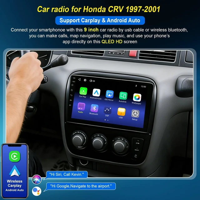 Alt view image 3 of 5 - Car Radio Stereo for Honda CRV 1997 1998 1999 2000 2001, Support Wireless Carplay/Android Auto/Mirrorlink, 9 Inch QLED Touchscreen with Bluetooth,FM Radio