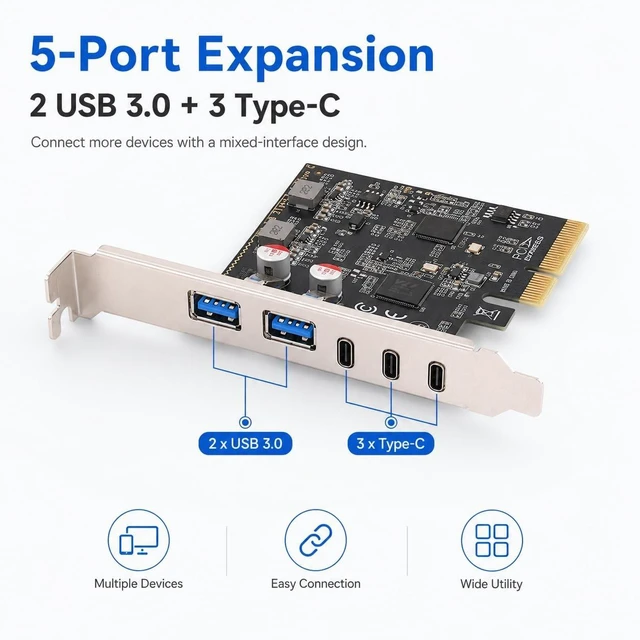 Alt view image 3 of 5 - Pomya PCIe USB 3.0 Expansion Card 5 Ports with USB Type C 10Gbps