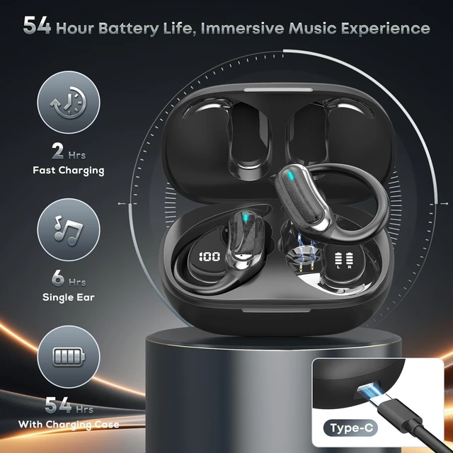 Alt view image 3 of 5 - Wireless Earbuds Bluetooth Headphones, 54H Playtime Stereo Over Ear Buds with ENC Noise Cancelling, LED Power Display, IPX7 Waterproof Sport Earphones with Earhooks for Running/Workouts (Black)