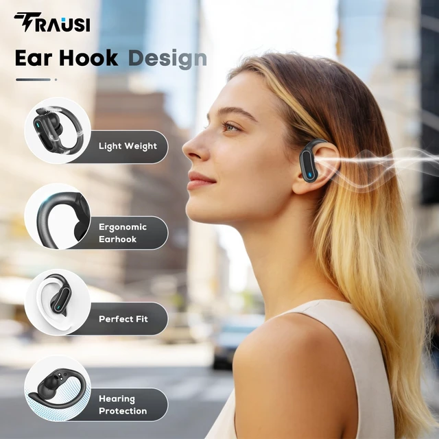 Alt view image 2 of 5 - Wireless Earbuds Bluetooth Headphones, 54H Playtime Stereo Over Ear Buds with ENC Noise Cancelling, LED Power Display, IPX7 Waterproof Sport Earphones with Earhooks for Running/Workouts (Black)