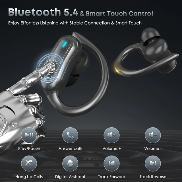 Alt view image 4 of 5 - Wireless Earbuds Bluetooth Headphones, 54H Playtime Stereo Over Ear Buds with ENC Noise Cancelling, LED Power Display, IPX7 Waterproof Sport Earphones with Earhooks for Running/Workouts (Black)