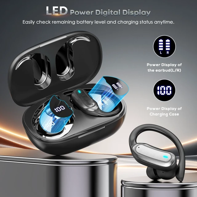 Alt view image 5 of 5 - Wireless Earbuds Bluetooth Headphones, 54H Playtime Stereo Over Ear Buds with ENC Noise Cancelling, LED Power Display, IPX7 Waterproof Sport Earphones with Earhooks for Running/Workouts (Black)