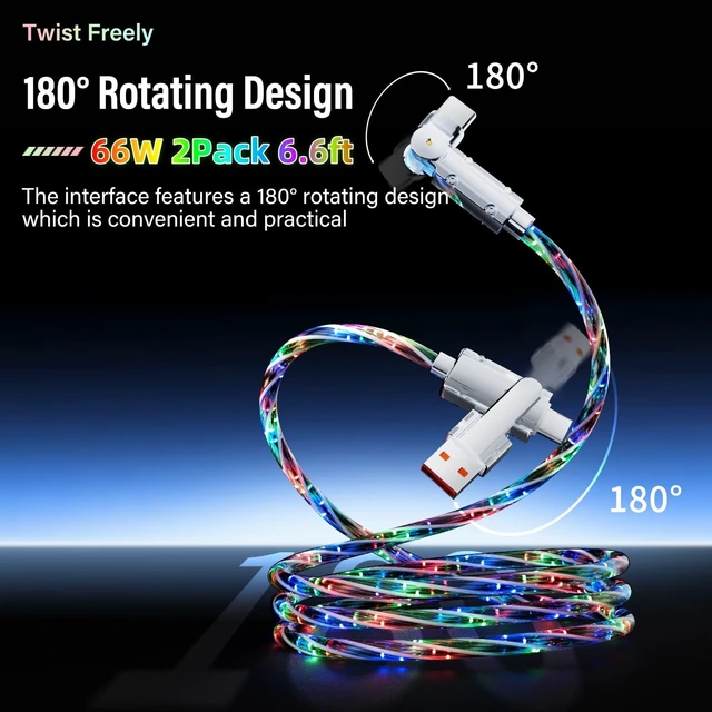 Alt view image 2 of 5 - LED Light Up USB C Charging Cable 2Pack 6.6ft Rotating USB C to USB C Cable