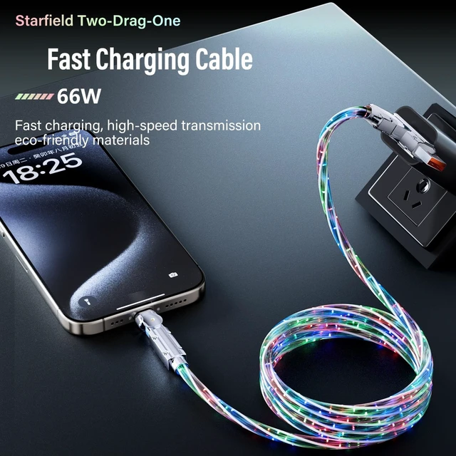 Alt view image 3 of 5 - LED Light Up USB C Charging Cable 2Pack 6.6ft Rotating USB C to USB C Cable