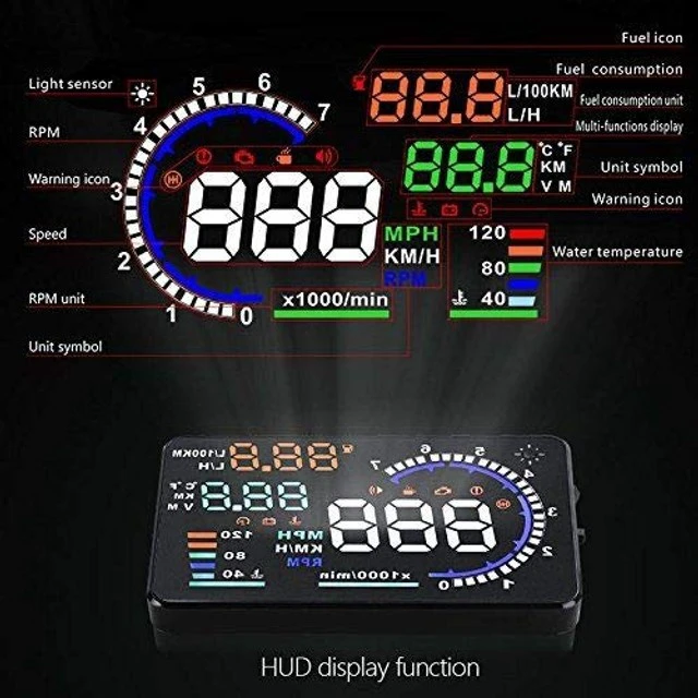 Alt view image 3 of 5 - Arestech 5.5 inches A8 OBD2 Windshield HUD Head Up Display with Display RPM MPH Speeding Warning Fuel Consumption Temperature (FBA)