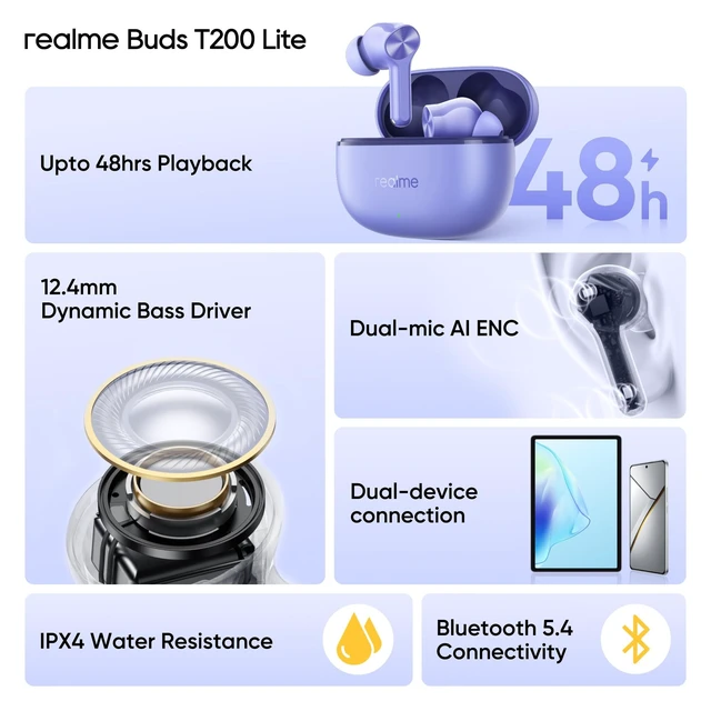 Alt view image 5 of 5 - realme Buds T200 Lite Bluetooth in Ear Earbuds,4 Mic, AI ENC for Calls,48 Hours Total Playback with Fast Charging and Ultra Low Latency Gaming TWS, Google Fast Pair, with mic - (Purple)