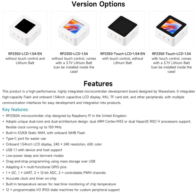 Alt view image 4 of 5 - Waveshare RP2350 1.54inch LCD Touch Display Development Board, 240 x 240 Resolution, 65K Color, IPS Display Panel, Dual-Core and Dual-Architecture, No Batt