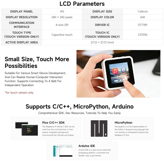 Alt view image 5 of 5 - Waveshare RP2350 1.54inch LCD Touch Display Development Board, 240 x 240 Resolution, 65K Color, IPS Display Panel, Dual-Core and Dual-Architecture, No Batt