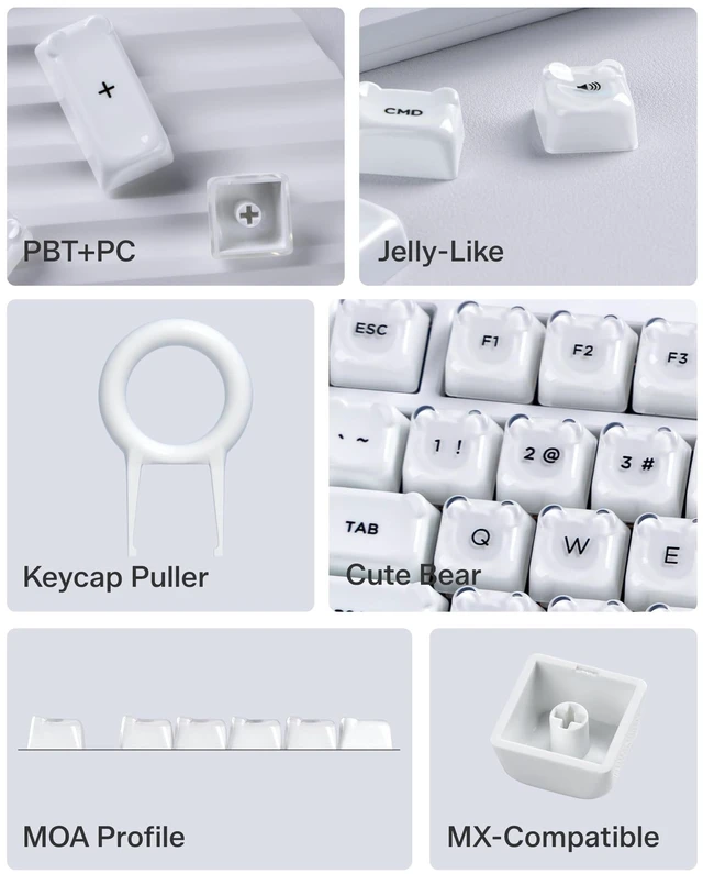 Alt view image 3 of 5 - Keyporia Lusterfly Jelly Keycaps Set, 129 Keys Cute Bear Crystal Key caps, MOA Profile, Compatible with 65% 75% 96% Full Size for Cherry Gateron MX Switches Mechanical Keyboard, White