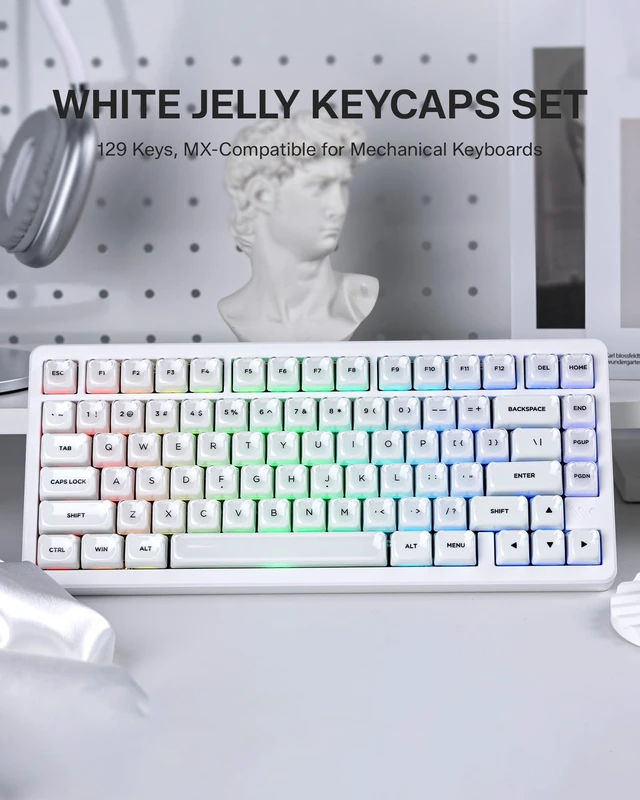 Alt view image 2 of 5 - Keyporia Lusterfly Jelly Keycaps Set, 129 Keys Cute Bear Crystal Key caps, MOA Profile, Compatible with 65% 75% 96% Full Size for Cherry Gateron MX Switches Mechanical Keyboard, White