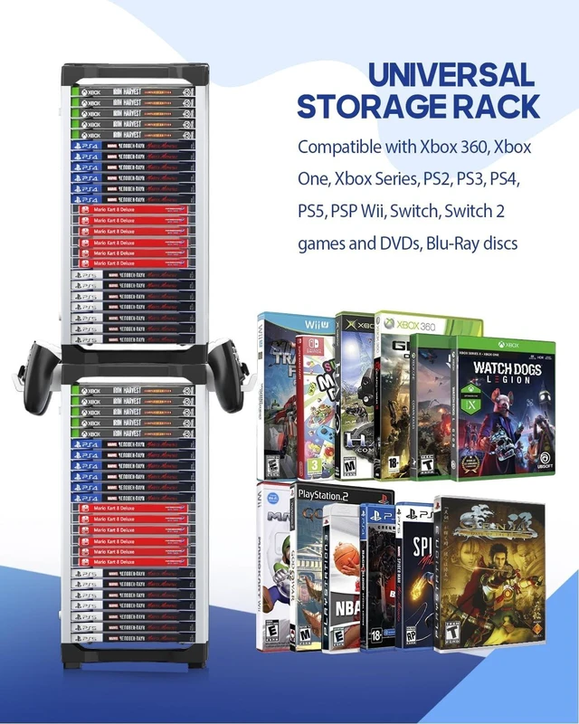 Alt view image 2 of 5 - Nargos Video Game Storage Tower, Universal Organizer for PS5/PS4/PS3/PS2, Xbox One/360/Series X/S, Wii, Switch/Switch 2, DVD and Blu-Ray Cases (46 Pcs)