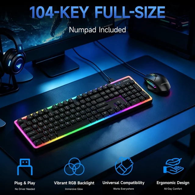 Alt view image 2 of 5 - Wired RGB Keyboard and Mouse Combo, Adjustable Rainbow Backlit, 104-Key Full-Size with Numpad, 6400 DPI Ergonomic High-Precision Mouse, Plug & Play, for PC Laptop Mac Windows Mac Office Gaming (Black)
