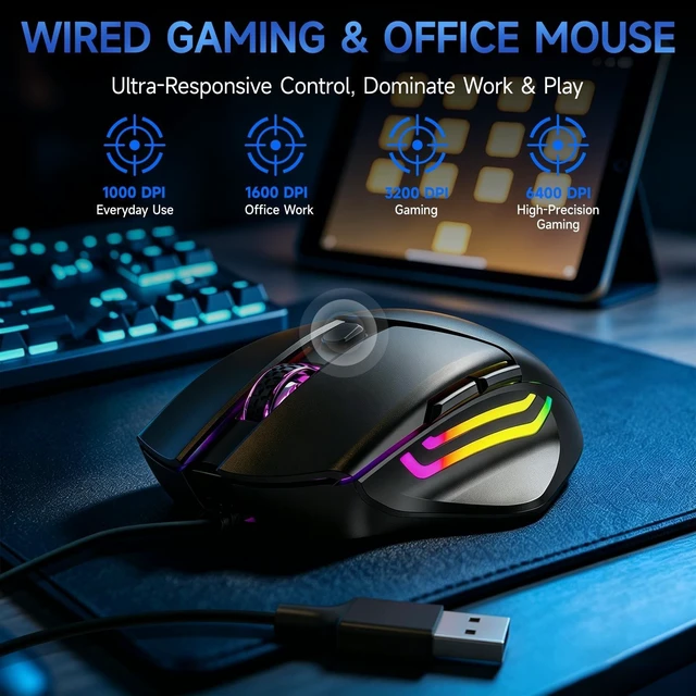Alt view image 3 of 5 - Wired RGB Keyboard and Mouse Combo, Adjustable Rainbow Backlit, 104-Key Full-Size with Numpad, 6400 DPI Ergonomic High-Precision Mouse, Plug & Play, for PC Laptop Mac Windows Mac Office Gaming (Black)