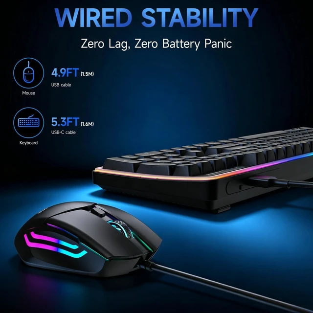 Alt view image 4 of 5 - Wired RGB Keyboard and Mouse Combo, Adjustable Rainbow Backlit, 104-Key Full-Size with Numpad, 6400 DPI Ergonomic High-Precision Mouse, Plug & Play, for PC Laptop Mac Windows Mac Office Gaming (Black)