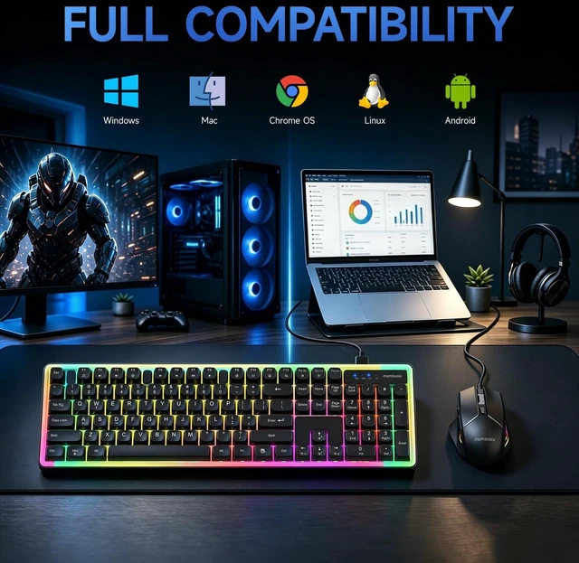 Alt view image 5 of 5 - Wired RGB Keyboard and Mouse Combo, Adjustable Rainbow Backlit, 104-Key Full-Size with Numpad, 6400 DPI Ergonomic High-Precision Mouse, Plug & Play, for PC Laptop Mac Windows Mac Office Gaming (Black)