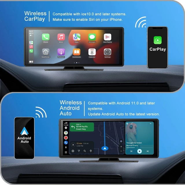 Alt view image 2 of 5 - 10" Wireless CarPlay Screen for Car Android Auto Portable Car Stereo Touch Screen AirPlay, Car Play, GPS Navigation, Bluetooth, Voice Control, Mirror Link
