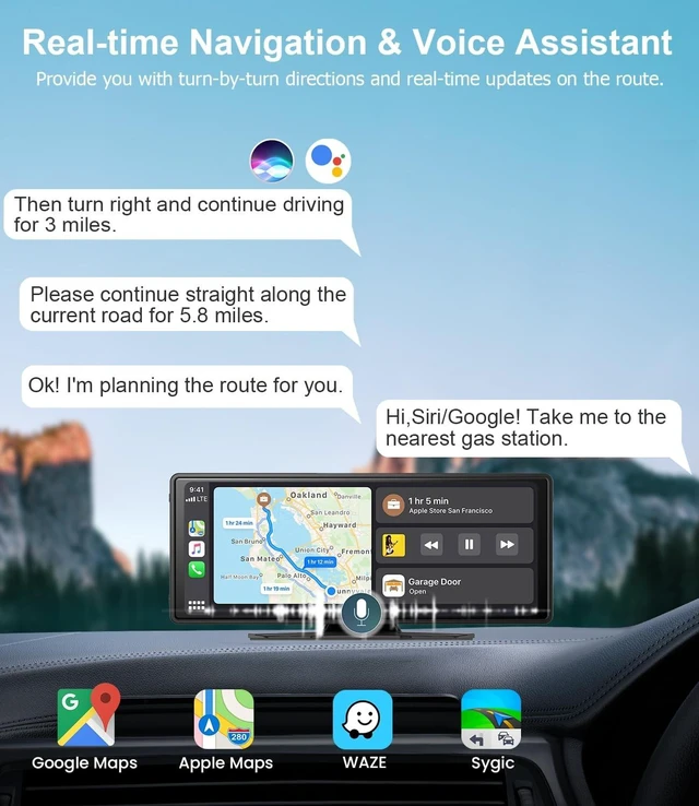 Alt view image 3 of 5 - 10" Wireless CarPlay Screen for Car Android Auto Portable Car Stereo Touch Screen AirPlay, Car Play, GPS Navigation, Bluetooth, Voice Control, Mirror Link