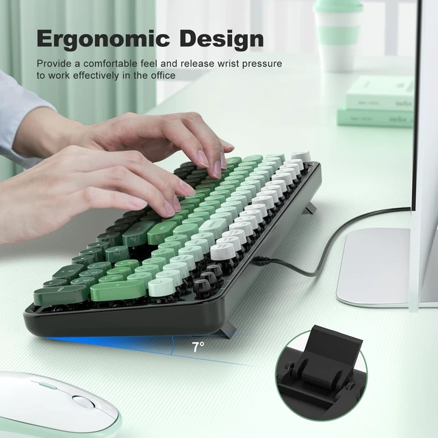 Alt view image 3 of 5 - Atelus Retro Typewriter Wired Keyboard, Full-Size USB Computer Keyboard with Numeric Keypad, Plug & Play for Windows PC Laptop Home Office (Black Green)