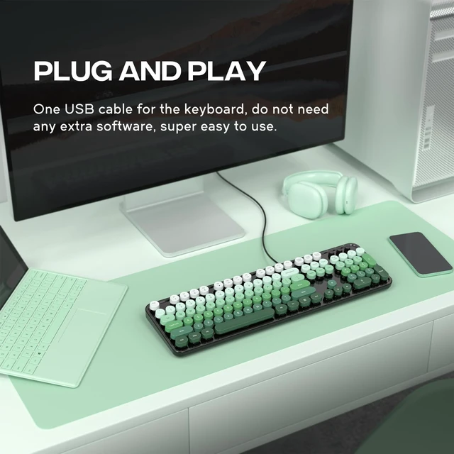 Alt view image 4 of 5 - Atelus Retro Typewriter Wired Keyboard, Full-Size USB Computer Keyboard with Numeric Keypad, Plug & Play for Windows PC Laptop Home Office (Black Green)