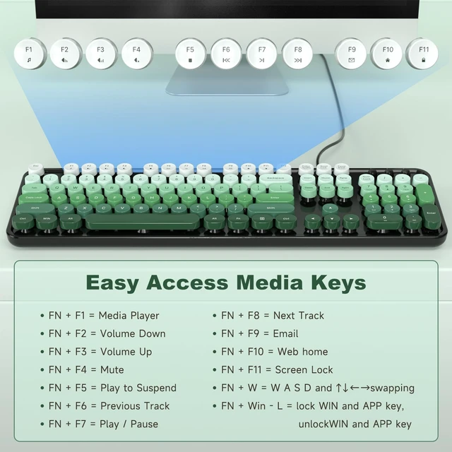 Alt view image 5 of 5 - Atelus Retro Typewriter Wired Keyboard, Full-Size USB Computer Keyboard with Numeric Keypad, Plug & Play for Windows PC Laptop Home Office (Black Green)